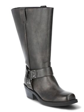 Tall Black Moto Harness Boots Biker Chic Square Toe Riding Core Aesthetic